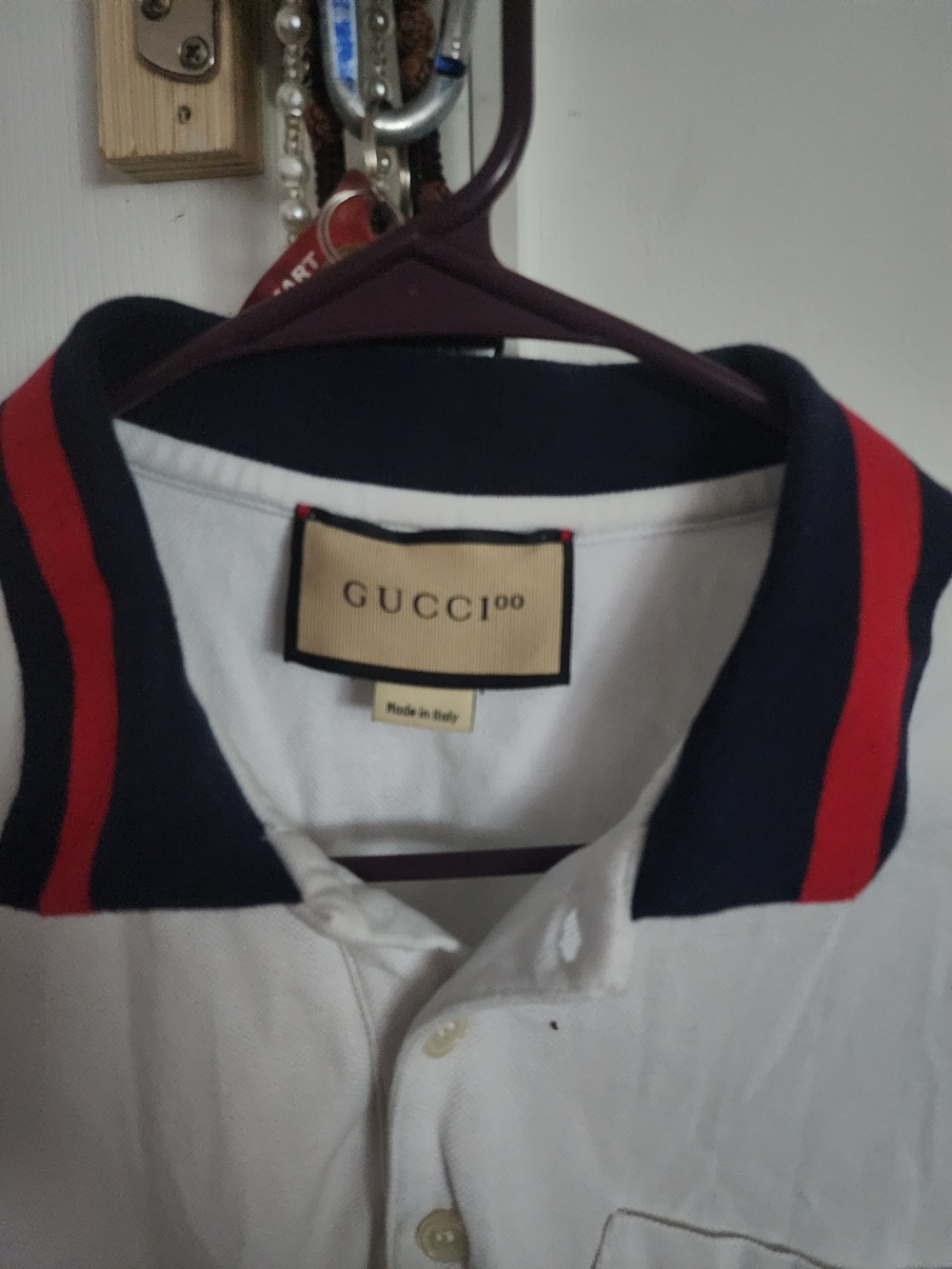 Gucci White Polo with Navy Collar and Red Stripes